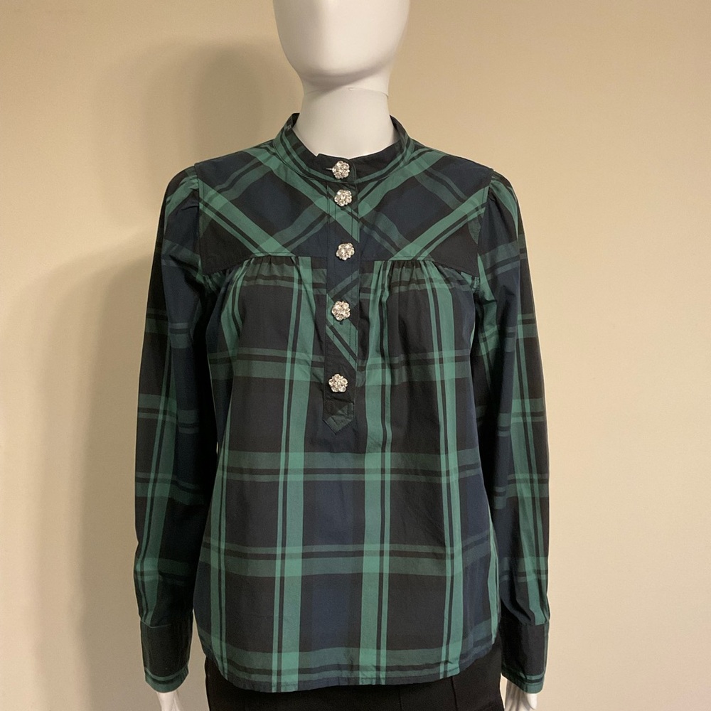 J Crew Black Watch Plaid Poplin Blouse~Size Small~Crystal Rosette Buttons~NWOT